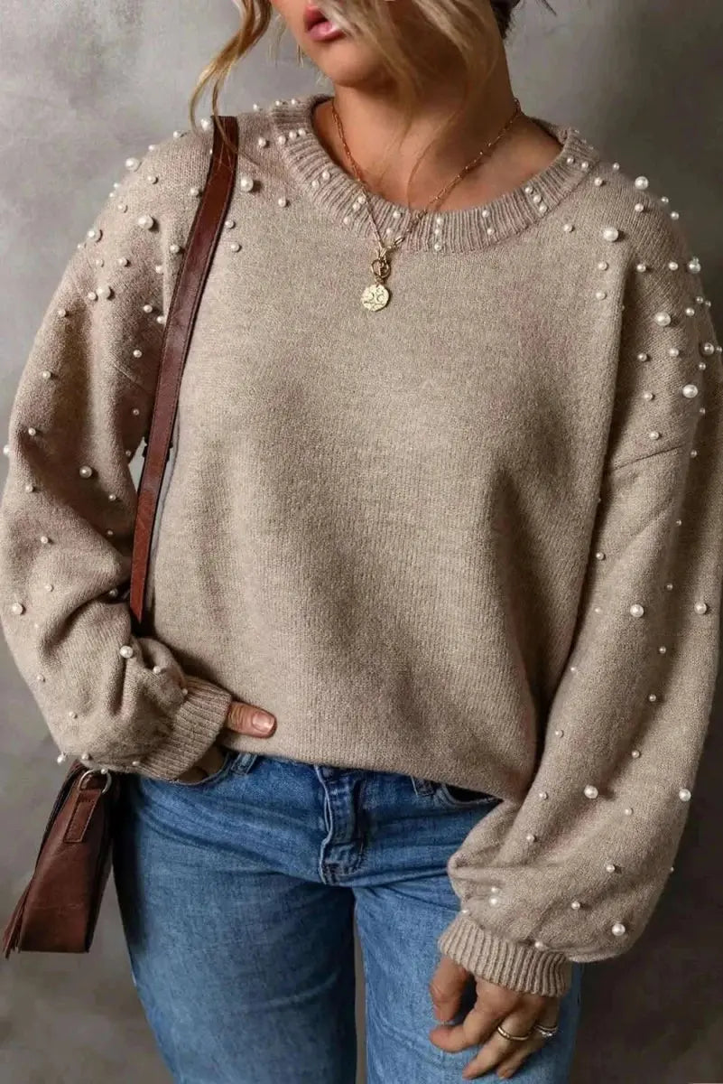 Plus Size Pearl Detail Round Neck Long Sleeve Sweater - Love Salve
